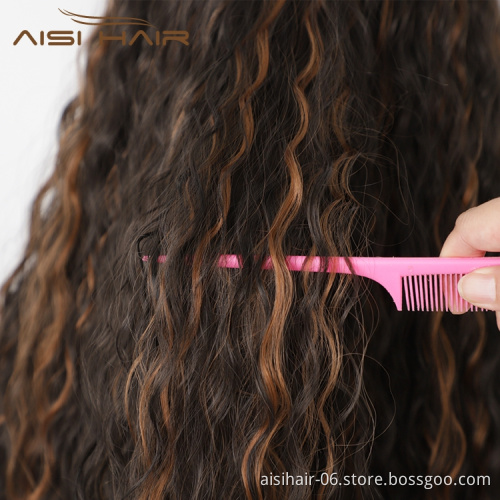 Afro Heat Resistant Friendly Cheapest Natural Mixed Black Brown Long Deep Wave Synthetic Hair Wigs Lace Front